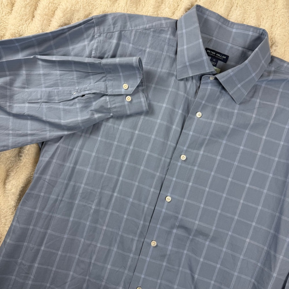 Peter Millar Crown Crafted Blue Windowpane Winter Soft Twill Shirt Mens XL